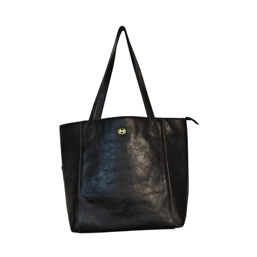 Liz Claiborne Black Leather Tote Bag Gold Logo Shoulder Bag Brown Stitching
